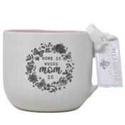 Wholesale - "Home is Where Mom Is" in Butterfly Floral Wreath Border Debossed Soup Mug Shabby Chic C/P 36, UPC: 195010132848